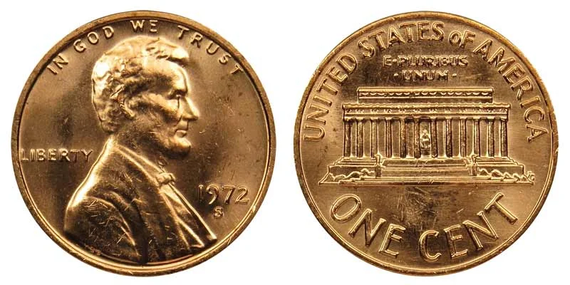 1972 Lincoln Memorial penny obverse and reverse showing copper luster and Memorial design