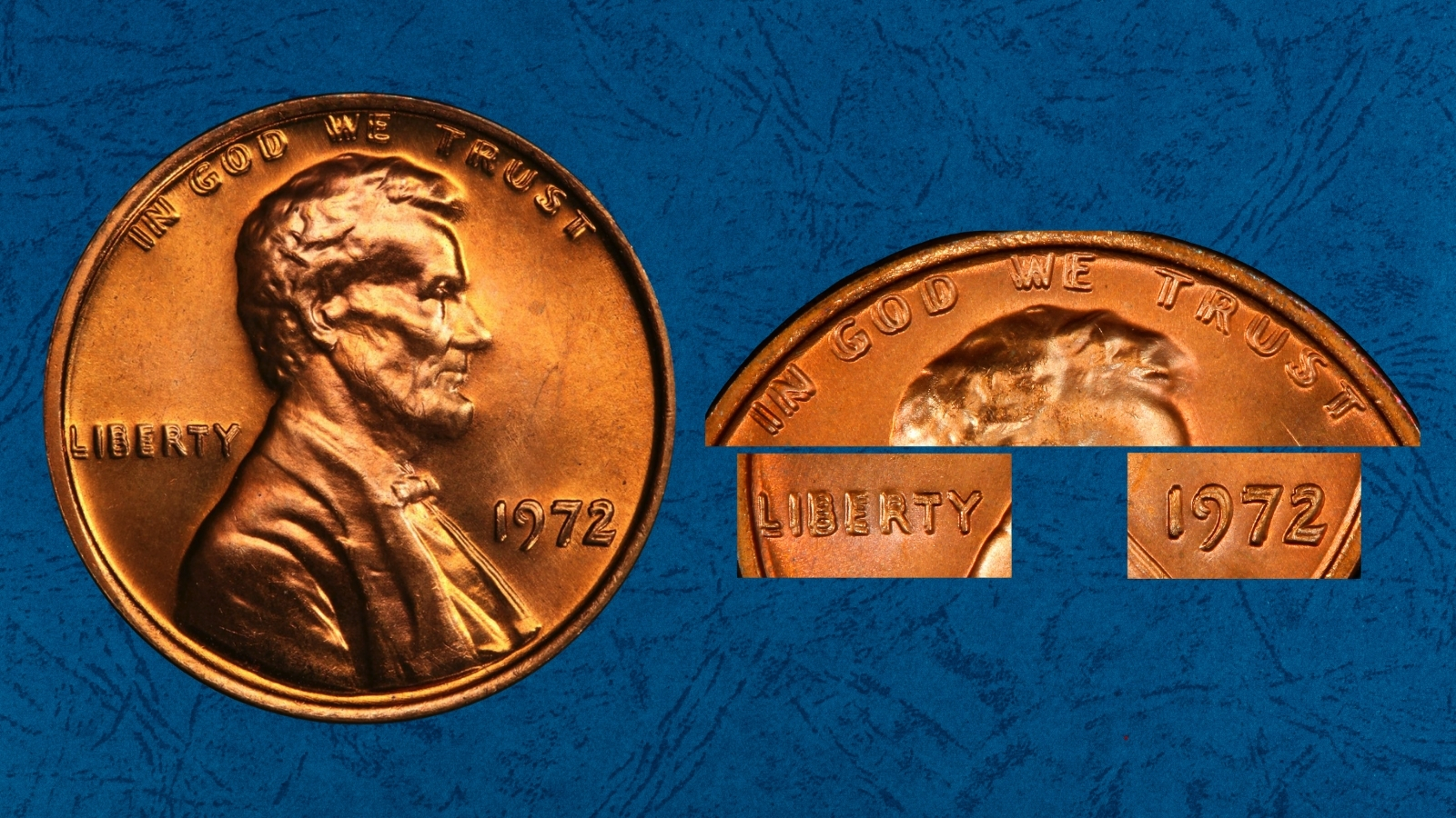 Close-up of 1972 doubled die obverse penny showing dramatic doubling on LIBERTY and date digits