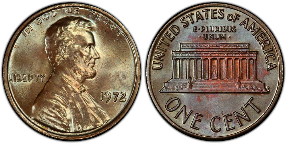 Close-up of 1972 penny minor doubled die obverse variety showing subtle doubling on motto and date