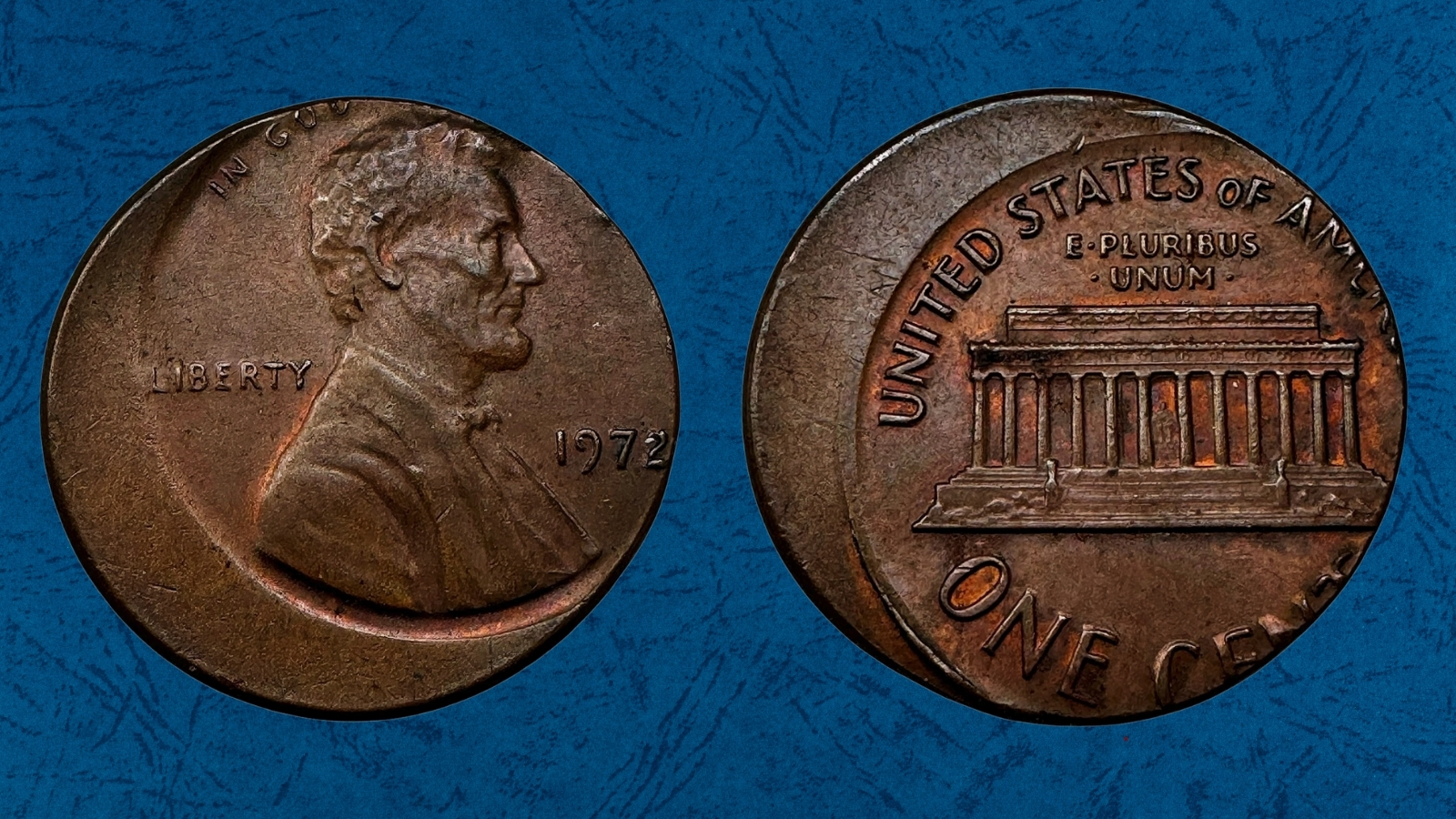 1972 penny off-center strike error showing blank copper arc where design is missing due to misaligned planchet