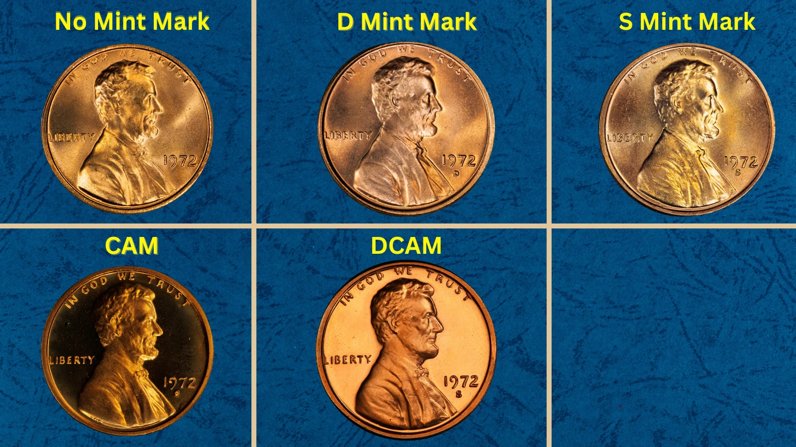 Group of 1972 Lincoln Memorial pennies from the Philadelphia and Denver mints showing range of condition grades