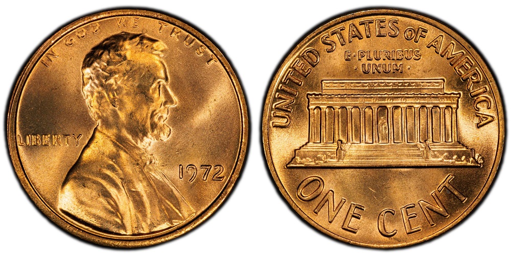 Grading strip showing four 1972 pennies in different conditions from worn to gem uncirculated red